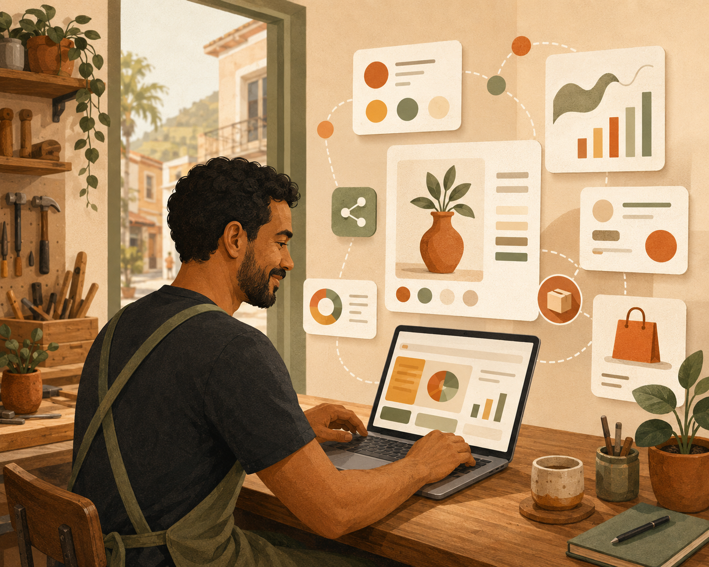 Dono de pequeno negócio utilizando ferramentas digitais